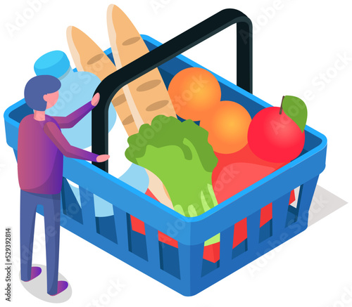 Shopping container full of fresh fruit and vegetables. Woman with grocery market purchases in basket. Lady buys food in grocery store. Consumer basket with essential products vector illustration