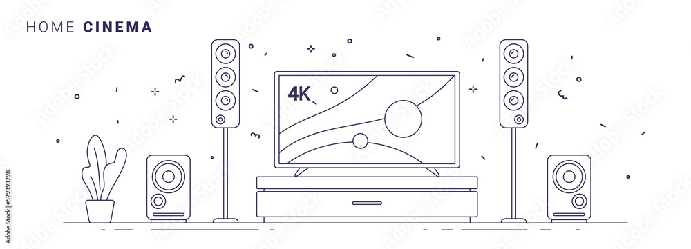 Vector illustration of home cinema on white background. Black line art ...