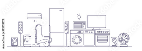 Vector illustration of different appliance on white background. Black line art style appliance collection design with vacuum cleaner, washing machine, refrigerator
