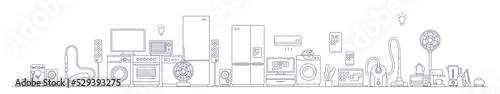 Vector illustration of different appliance on white background. Black line art style appliance collection design