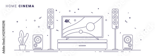 Vector illustration of home cinema on white background. Black line art style appliance collection design of tv set