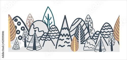 The border is demonic in the northern style. Scandinavian winter forest. Fairy forest seamless. Ribbon and textile decor