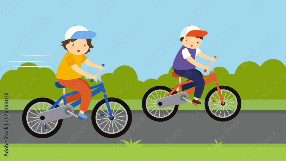 Fototapeta premium two boys ride bicycles on the path