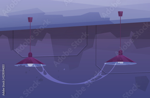 Old basement premise without windows at night. Modern ceiling lamp in cartoon style in dark mysterious room with cobweb. Chandelier hanging on cable with light on. An element of modern interior