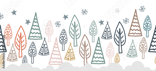 The border is demonic in the northern style. Scandinavian winter forest. Fairy forest seamless. Ribbon and textile decor