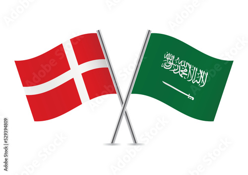 Denmark and Saudi Arabia crossed flags. Danish and Saudi Arabian flags on white background. Vector icon set. Vector illustration.