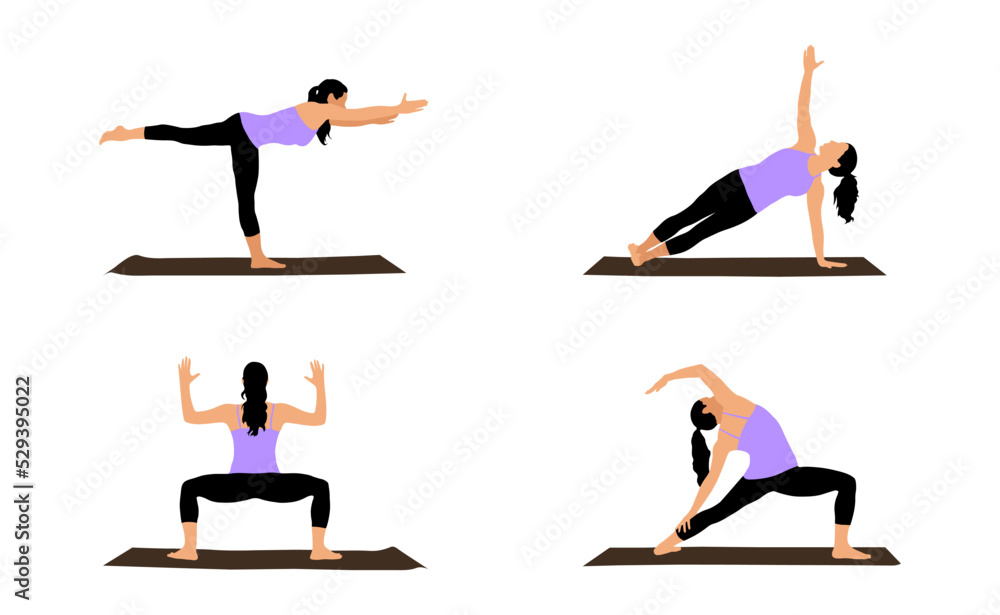 The girl shows four poses in yoga on the mat. Vector illustration The girl shows four poses in yoga on the mat. Vector illustration