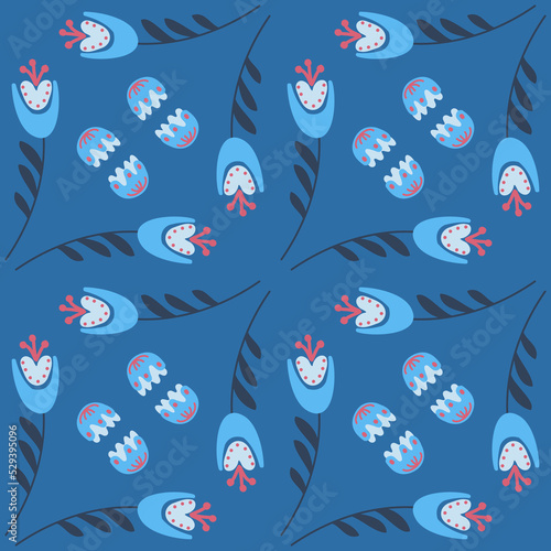 Bluebell flower pattern on blue background seamless pattern for design, campanula flower blossom, vector illustration