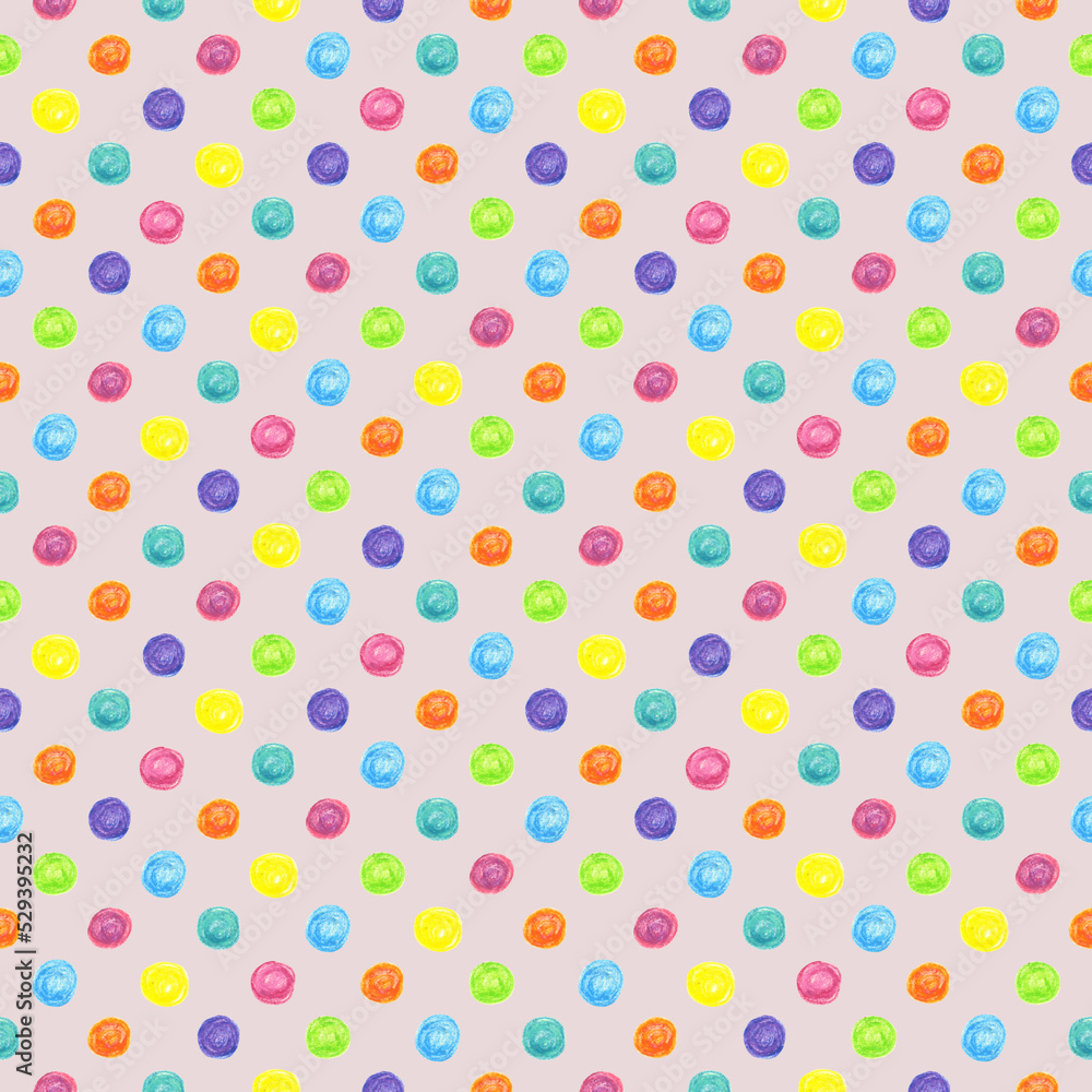 Seamless pattern bright colorful dots drawn with wax crayons on a light pink background. For fabric, sketchbook, wallpaper, wrapping paper.