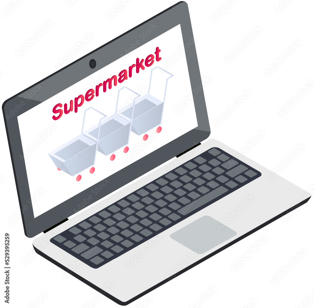 Online sales technologies, web commerce digital supermarket. Customer makes purchases remotely pays for them with online banking application. Isometric open laptop with shopping cart on screen Online sales technologies, web commerce digital supermarket. Customer makes purchases remotely pays for them with online banking application. Isometric open laptop with shopping cart on screen