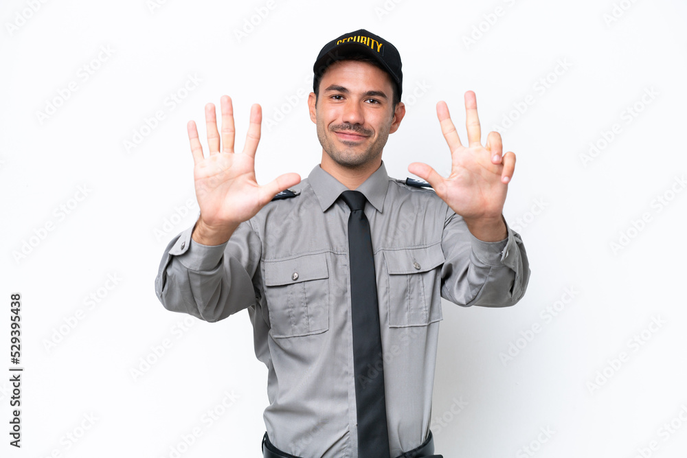 Young safeguard man over isolated white background counting eight with fingers Young safeguard man over isolated white background counting eight with fingers
