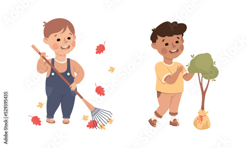 Cute Little Boy with Rake Cleaning and Planting Tree Caring About Earth Planet Saving World Vector Set