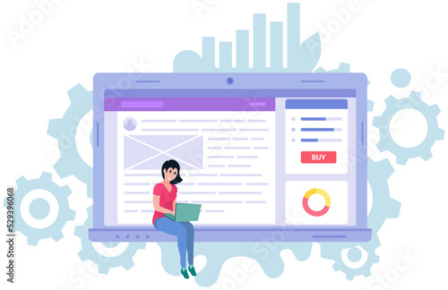 People working on website development. Seo optimization, increase conversion of web page for online sales. Technicians working on changing search engine, computer screen with shopping webpage template