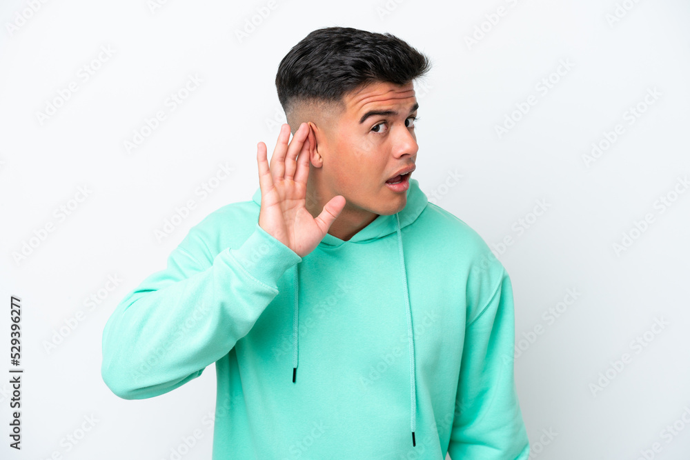 Young caucasian handsome man isolated on white background listening to something by putting hand on the ear Young caucasian handsome man isolated on white background listening to something by putting hand on the ear