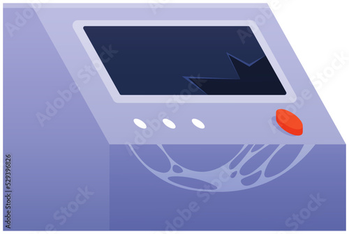 Digital signage monitor, broken equipment touch screen hand control broken panel with cobwebs. Production machine or laboratory analyzer after failed experiment. Technology dashboard with buttons