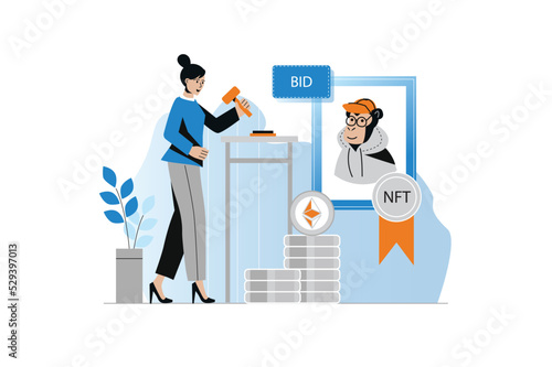 NFT concept with people scene in the flat cartoon design. Woman buys digital assets in the form of electronic pictures and earns money from it. Vector illustration.