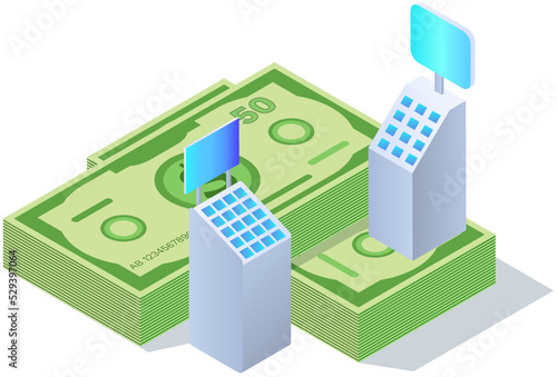 Buying goods using self checkout technology equipment. Cashier device for payment and stacks of dollar bills. Shopping, making purchases in store concept. Fast pay for checkout of shopping mall