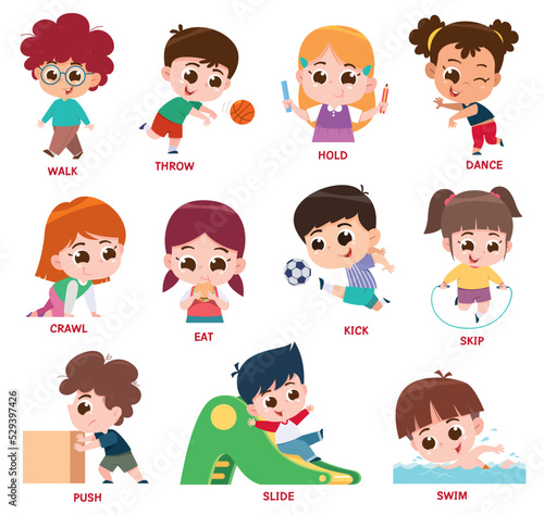 Vector Illustration of Verbs Expressing Actions Set.Cartoon kids character. Kids Doing Activities