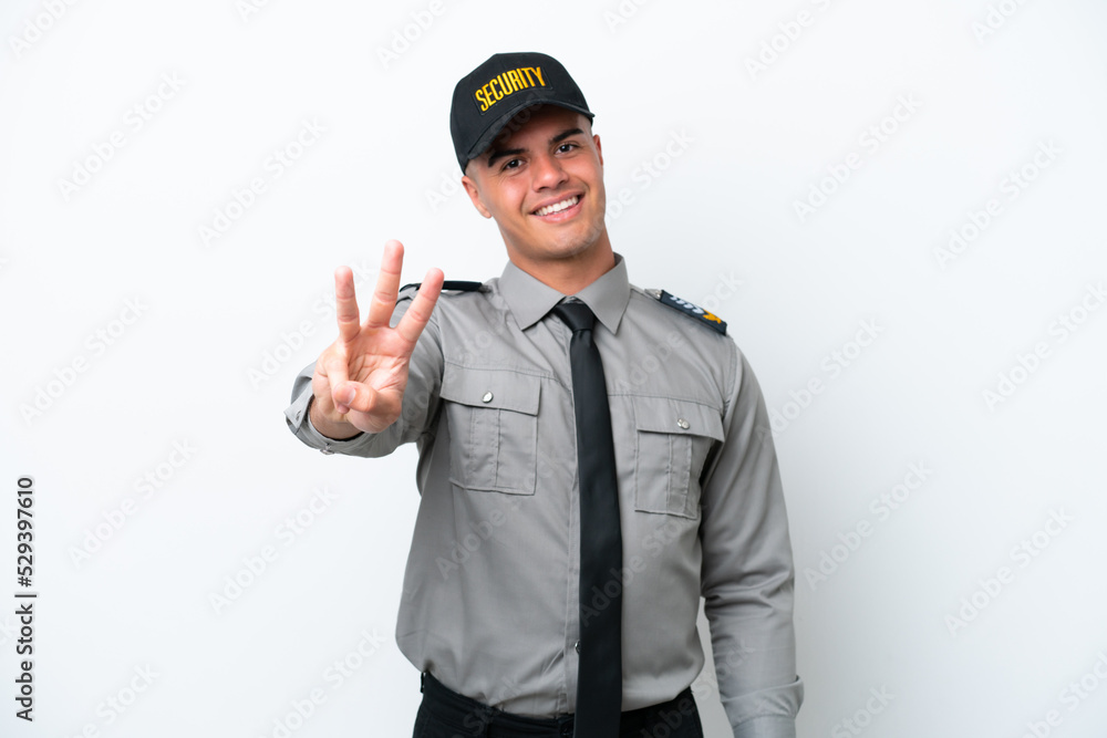 Young caucasian security man isolated on white background happy and counting three with fingers Young caucasian security man isolated on white background happy and counting three with fingers