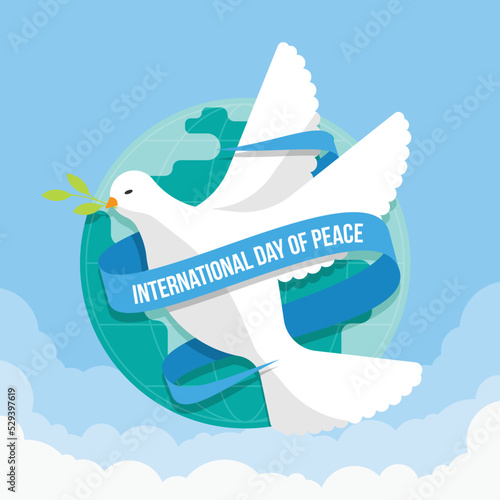 International day of peace - white dove of peace flying with blue ribbon roll around and circle globe world on blue sky background vector design