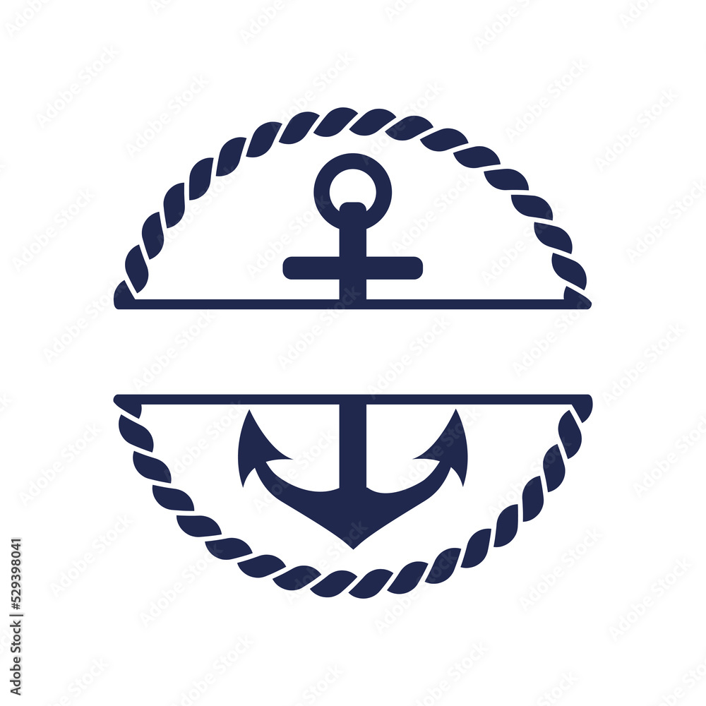Anchor Logo Vector Icon Illustration Design. Sailing and sea vintage design  elements. Marine emblem or badge. Round rope with an anchor in the middle.  Vector illustration, flat, clip art Stock Vector