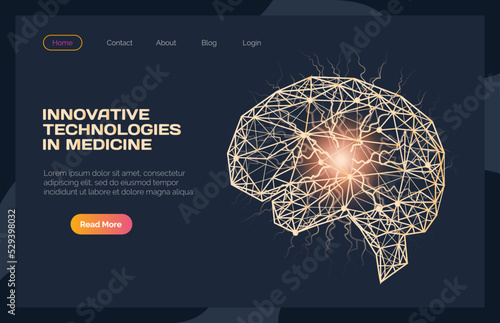 Research of human body, innovative technologies in medicine concept. Anatomy, diagnostics of organ systems. Anatomical brain with area of pain 3D image for website. Template of medical web page