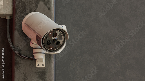 CCTV camera fixed on metal pole on cement wall background. Scan the area for surveillance purposes. technology and innovation concept. 3D Render