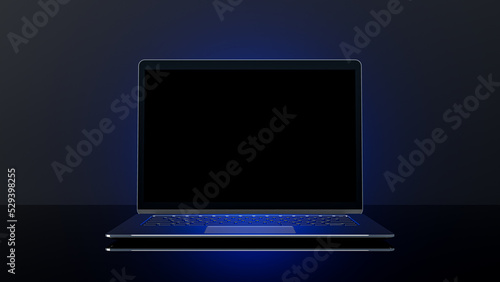 Metallic Laptop Mock-Up on stand and blue light placed on black background. 3D Render.