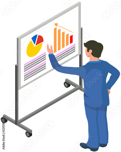 Analytics information and development statistics. Web analysis measure, product testing technology. Man analyses dashboard seo optimization, digital report. Statistical indicators and data on diagram