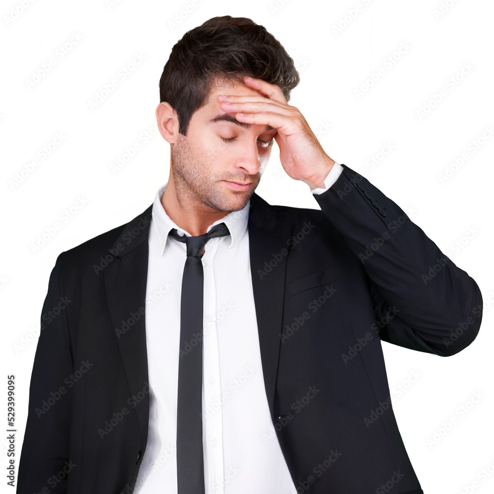Stress, headache and anxiety of a tired man with burnout from business on a png, transparent and isolated or mockup background. Bad mental health, a crisis and feeling sad after mistake Stress, headache and anxiety of a tired man with burnout from business on a png, transparent and isolated or mockup background. Bad mental health, a crisis and feeling sad after mistake