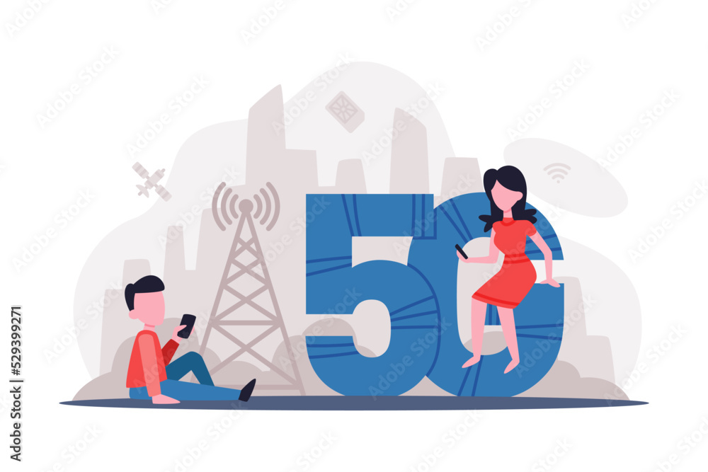 5G network wireless technology. People using mobile devices with high speed mobile internet connection cartoon vector illustration
