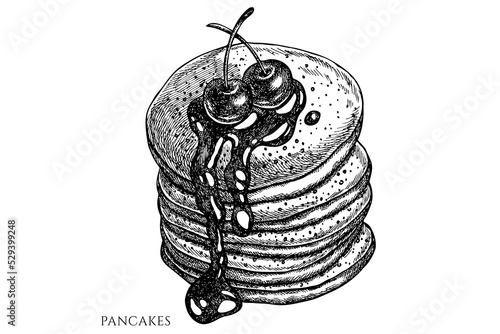 Breakfast vintage vector illustrations collection. Black and white pancakes.