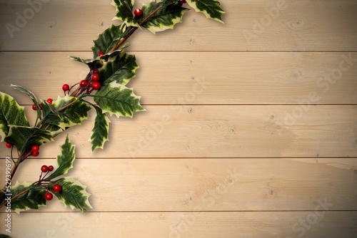 Holly twigs over wooden planks