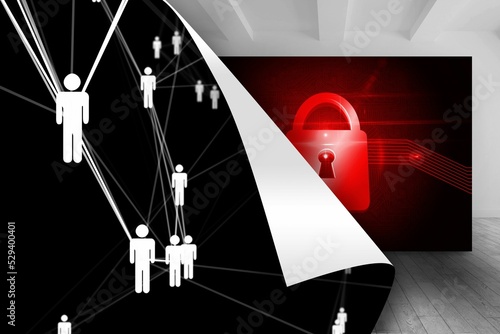 Black background with figures over picture of red lock