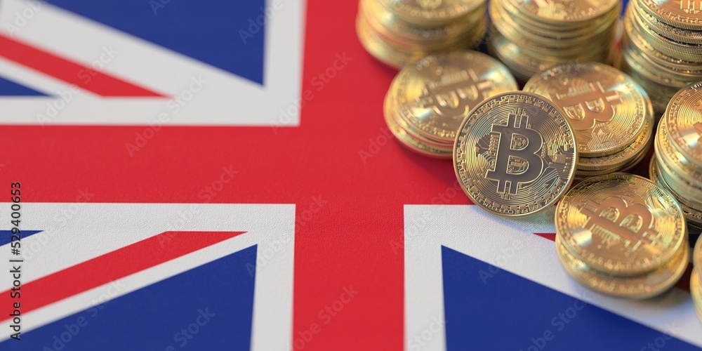 Pile of bitcoins and flag of the UK. National cryptocurrency regulations conceptual 3d rendering