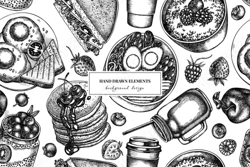 Breakfast seamless pattern background design. Engraved style. Hand drawn sandwich, pancakes, bowl with avocado, porridge with berries, chia pudding, fried eggs, raspberry, blueberry, strawberry