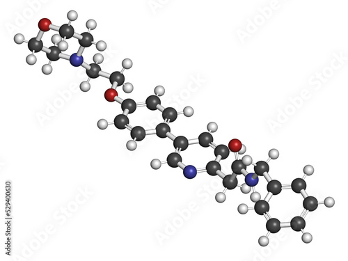 Tirbanibulin actinic keratosis drug molecule. 3D rendering. Atoms are represented as spheres with conventional color coding: hydrogen (white), carbon (grey), nitrogen (blue), oxygen (red).