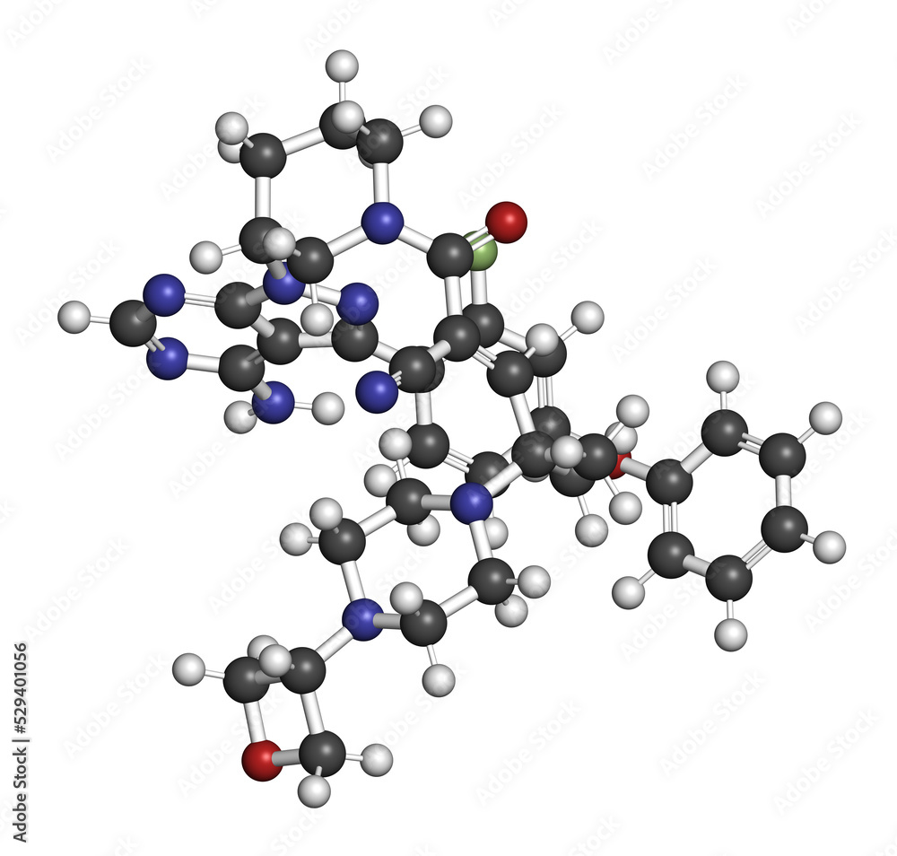 Rilzabrutinib drug molecule. 3D rendering. Atoms are represented as spheres with conventional color coding: hydrogen (white), carbon (grey), nitrogen (blue), oxygen (red), fluorine (light green).