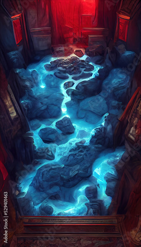 Map of City with Red Tiles. River in Cave. Card Deck. Game Art. Ui Kit with Magic Items. User Interface Elements with Frame. Concept Art Scenery. Book Illustration. Video Game Scene. Serious Digital. 