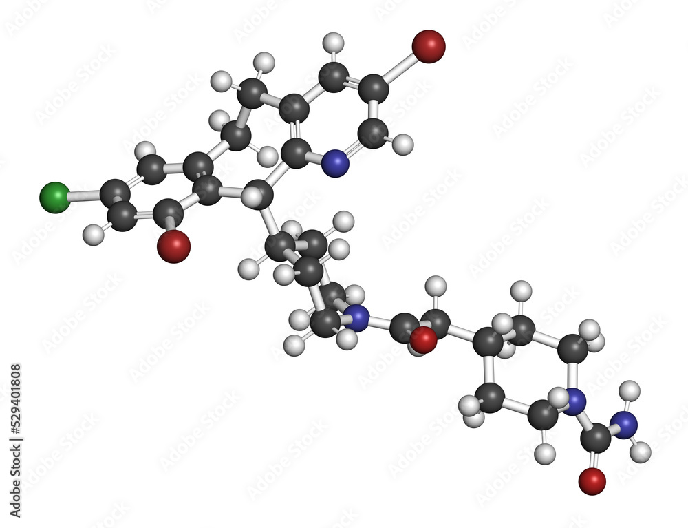 Lonafarnib drug molecule. Inhibitor of farnesyltransferase. 3D rendering. Lonafarnib drug molecule. Inhibitor of farnesyltransferase. 3D rendering.