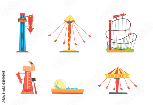 Amusement Park Attraction with Thrill Rides and Carousel for Entertainment Vector Set
