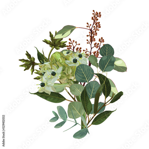 Tropical Invitation, floral invite thank you, rsvp modern card Design. Set of tropical bouquet with lotus, star-of-Bethlehem, or grass lily (Ornithogalum umbellatum) flowers and eucalyptus.