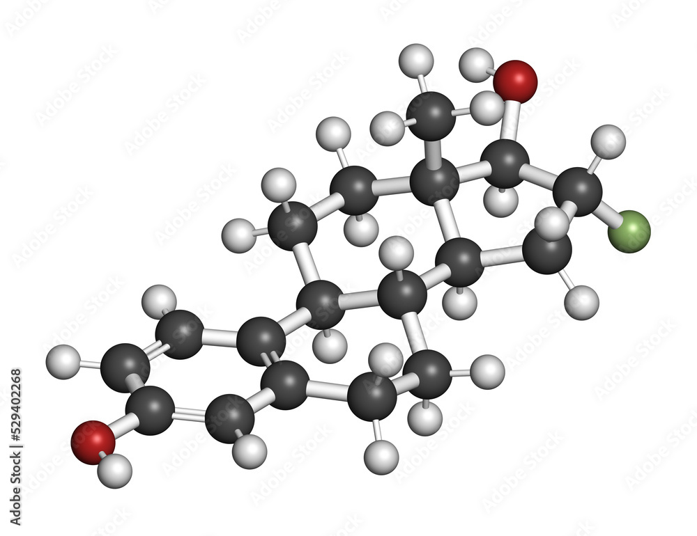 Fluoroestradiol F-18 diagnostic molecule. 3D rendering. Atoms are represented as spheres with conventional color coding: hydrogen (white), carbon (grey), oxygen (red), fluorine (light green). Fluoroestradiol F-18 diagnostic molecule. 3D rendering. Atoms are represented as spheres with conventional color coding: hydrogen (white), carbon (grey), oxygen (red), fluorine (light green).