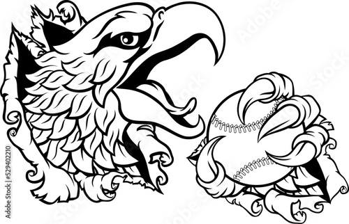 A bald eagle or hawk with claw talons holding a baseball ball and ripping or tearing through the background. Sports Mascot