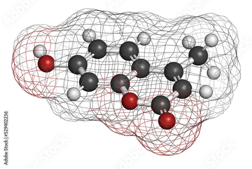 Hymecromone drug molecule. 3D rendering. Atoms are represented as spheres with conventional color coding: hydrogen (white), carbon (grey), oxygen (red). photo