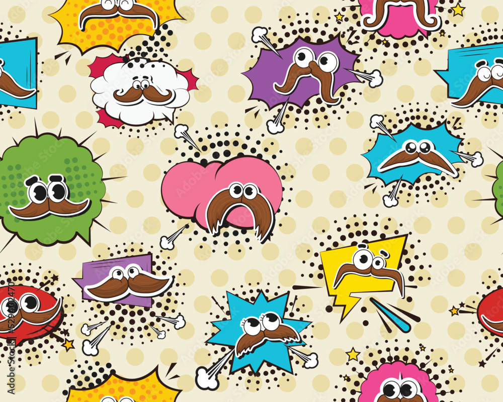 Vector flat seamless texture pattern Hand drawn flat trendy cartoon elements collection Mustaches