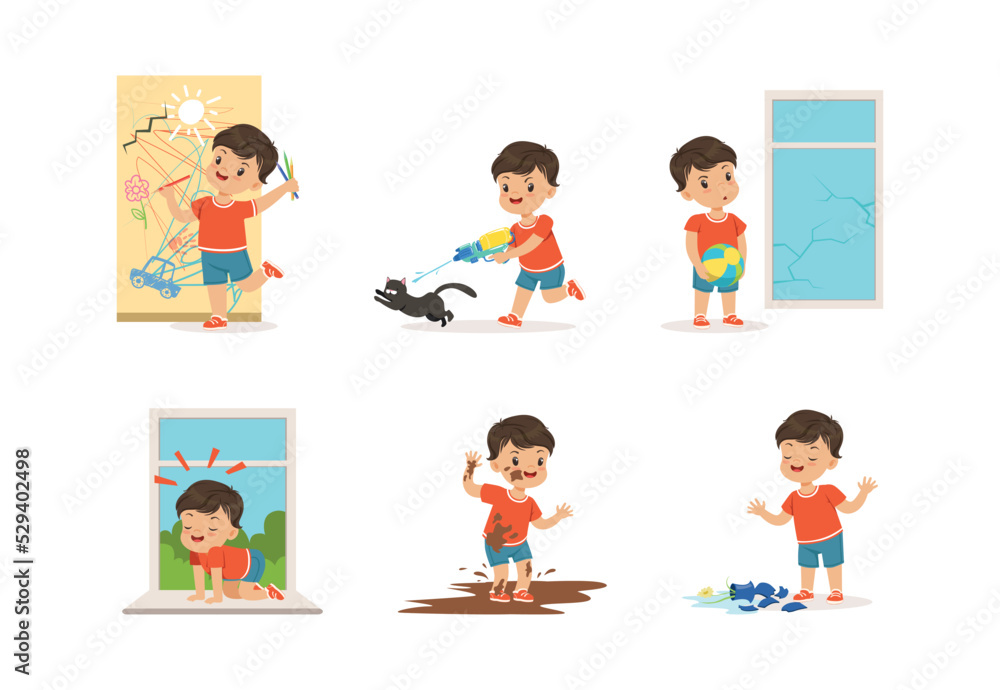 Naughty Little Boy Playing Games and Making Mess Around Vector Set Naughty Little Boy Playing Games and Making Mess Around Vector Set