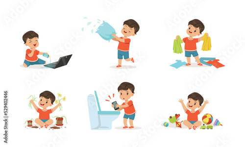 Naughty Little Boy Playing Games and Making Mess Around Vector Set