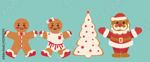 Festive cookies with gingerbread men and Santa. Merry Christmas decoration.New Year and Christmas celebration.