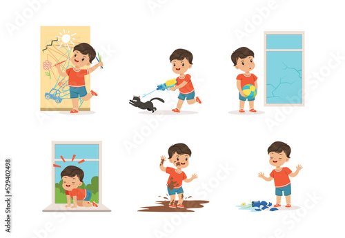 Naughty Little Boy Playing Games and Making Mess Around Vector Set